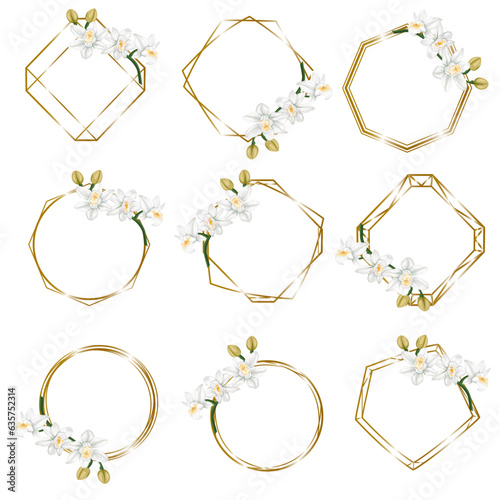 Vector set of gold frames of different shapes and with white orchid branches. Frames on white background for holiday design. Vector illustration