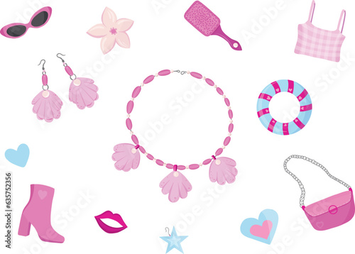 Set of trendy pink doll. Babiecore set. Aesthetic accessories and clothing