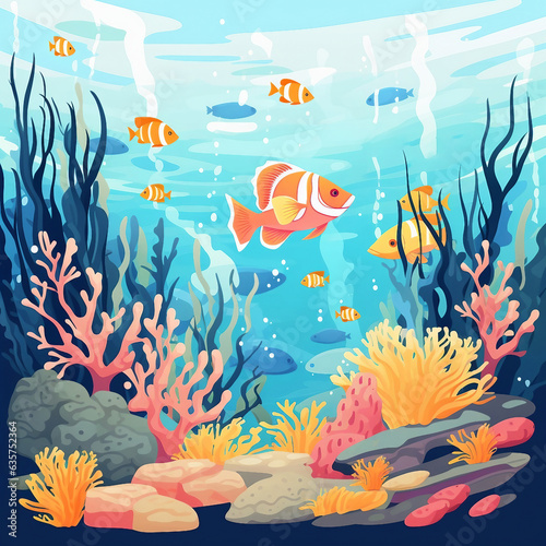 An illustration of an underwater scene with coral reef and fish AI Generated
