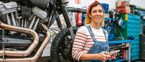 Portrait of smiling mechanic woman looking at camera while holding phone in her hands sitting over platform with custom motorcycle on factory