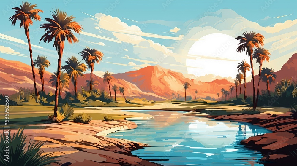 An illustration of palm trees and a river in the desert AI Generated