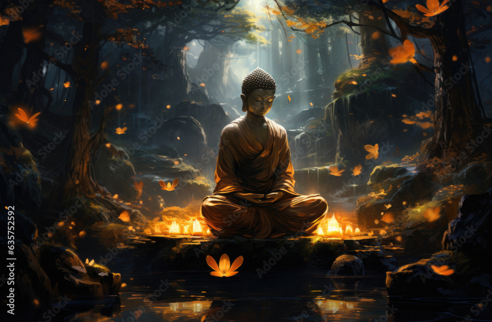 Buddha statue in the forest. 3d render illustration. created by generative AI technology.