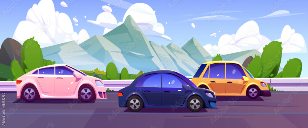 Mountain road car traffic cartoon nature landscape. Sumer highway trip with green summer high alps scenic environment horizontal panorama. Beautiful sunny outdoor drive vacation journey concept