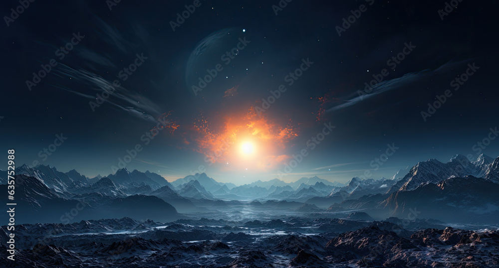 Fantasy alien planet. Mountain. 3D illustration. Moon. created by generative AI technology.