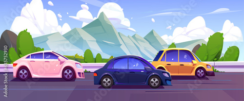 Mountain road car traffic cartoon nature landscape. Sumer highway trip with green summer high alps scenic environment horizontal panorama. Beautiful sunny outdoor drive vacation journey concept