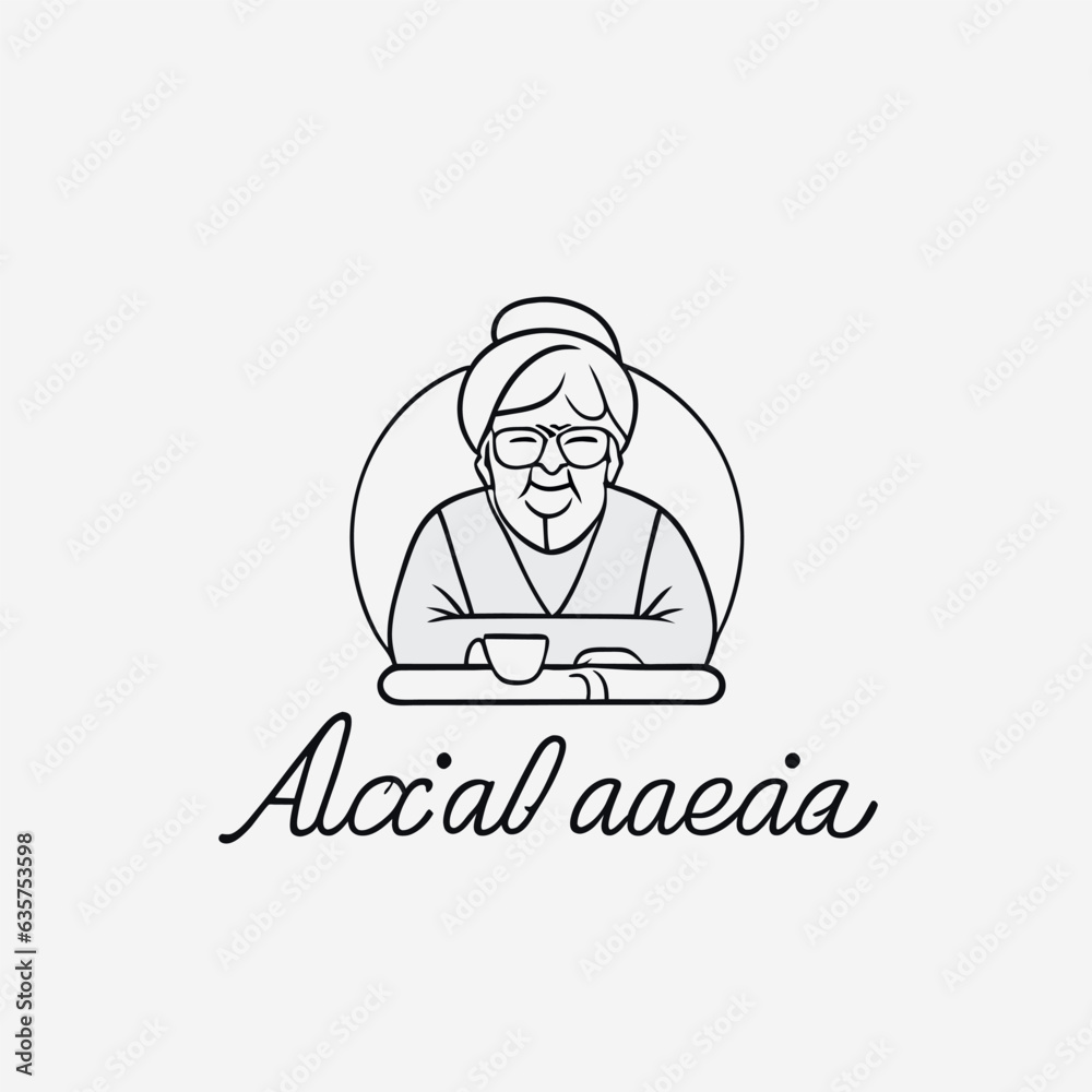 a grandmother cook with a house logo, vector illustration line art