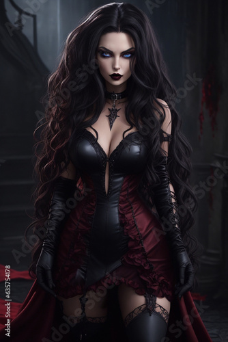 Beautiful female vampire in a red dress. Fantasy illustration. Fictitious person illustration made by Generative AI.