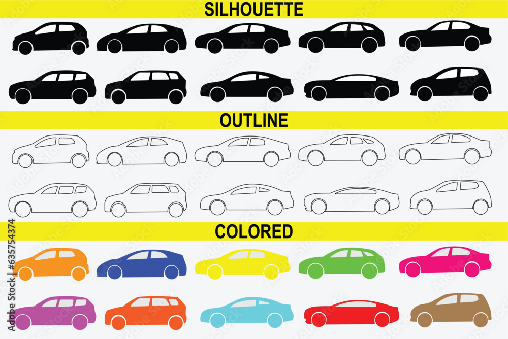 set of cars icons,silhouette car, outline car, colored car