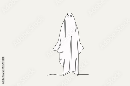 A colored illustration of a white-robed ghost. Ghost one-line drawing