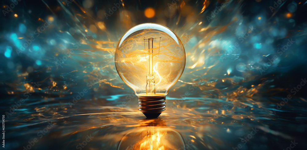 business idea creative concept technology. A light bulb illuminated on a blue marble background. - obrazy, fototapety, plakaty 