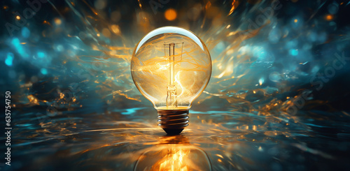 business idea creative concept technology. A light bulb illuminated on a blue marble background.