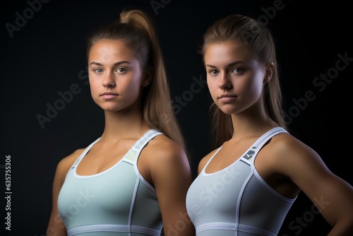 two female athletes standing in a pose in a studio. generative AI