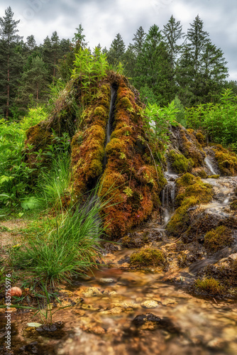 Flowing water through travertine rocks in forest photo