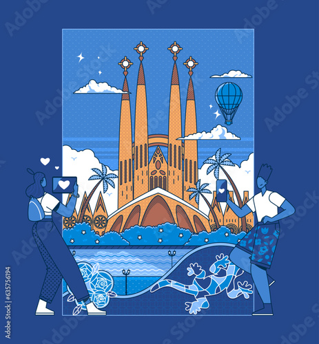 Vector illustration of tourist couple taking a selfie at Sagrada Familia, a large Roman Catholic church in Barcelona, Spain, designed by Catalan architect Antoni Gaudi