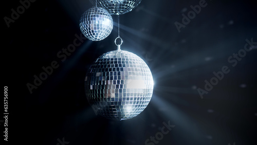 A colorful disco mirror ball illuminates the backdrop of a nightclub. The party lights up the disco ball.