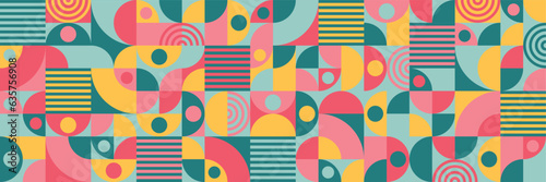 Vector seamless pattern, bauhaus abctract geometric background in  green and pink colors