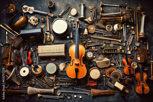 A group of diverse musical instruments, old and new