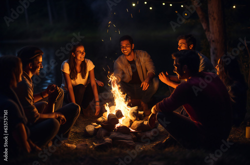 A group of people sitting around the campfire in the night