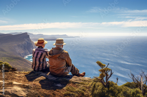Older couple sitting on a top of a rock overlooking a vast landscape
