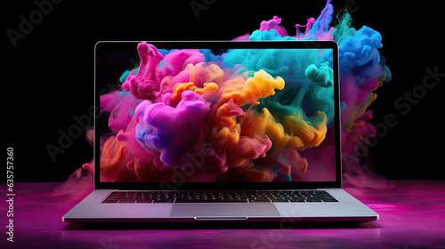 Colorful rainbow glow of a laptop against a dark background