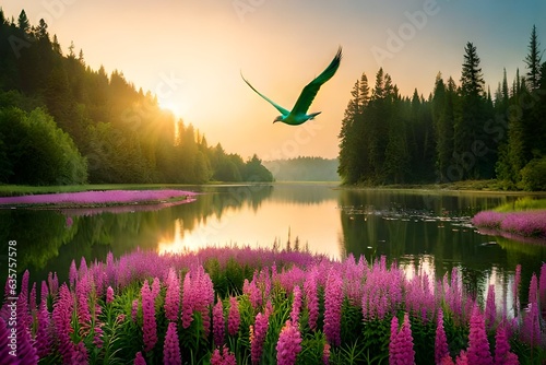 sunrise over the lake , birds flying in the garden 