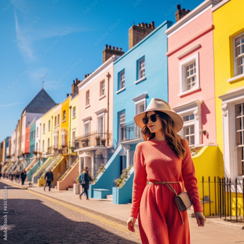 Tourist in Notting Hill, London. colorful houses. Generative AI.