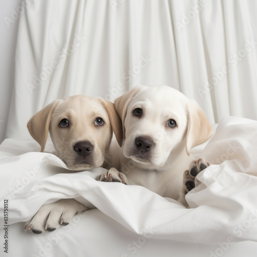 Golden Retriever puppies in bed with a white sheet. Generative AI.