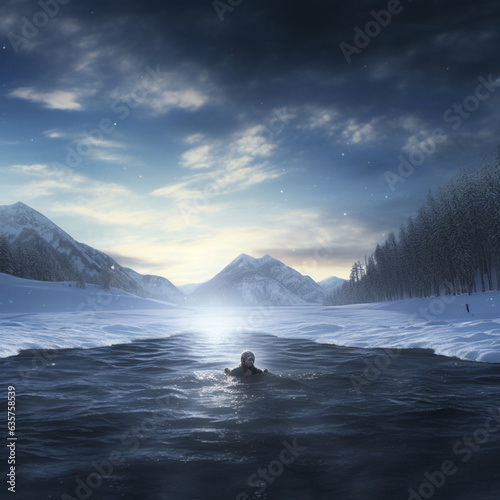 Man bathing in a frozen lake. Generative AI.