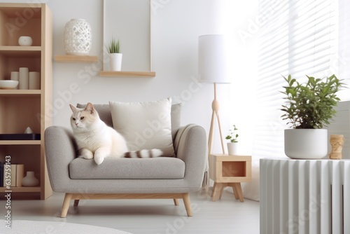 Modern living room interior Cute cat near couch Generative AI.