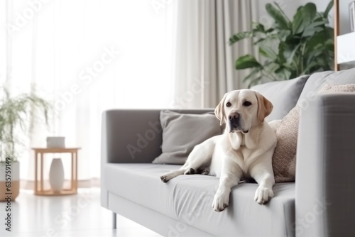 Modern living room interior Cute Golden Labrador Retriever near couch Generative AI.