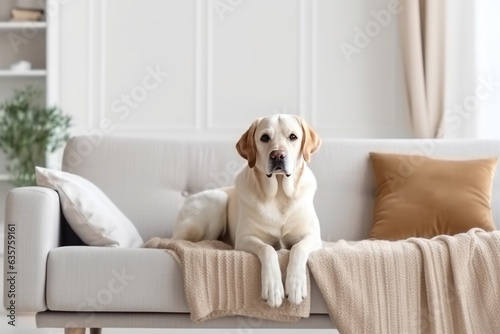 Modern living room interior Cute Golden Labrador Retriever near couch Generative AI.