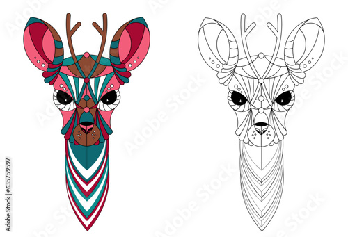 Vector image of a horned animal, consisting of geometric shapes according to the principle of the golden ratio and this image in lines for coloring. Cartoon. EPS 10