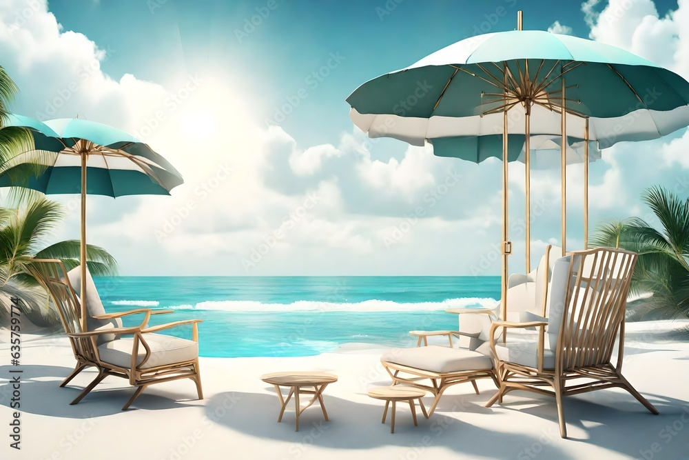 Chairs And Umbrella In Palm Beach - Tropical Holiday Banner 3d rendering 
