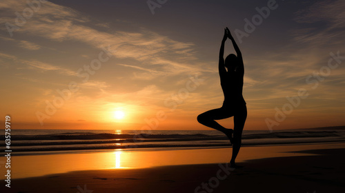 Silhouette of woman doing yoga on a beach at sunrise