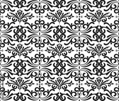 Seamless ornamental pattern for fabric, wallpaper, ceramic tile. Black and white royal abstract background. Classic damask design.