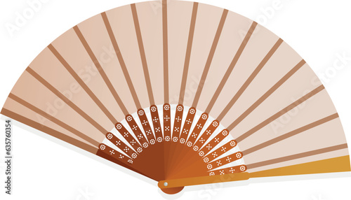 Asian hand fan traditional oriental beige souvenir with wooden handle vector flat illustration. Chinese folded handheld paper silk accessory cooling wind minimalist floral ornament open fashion decor