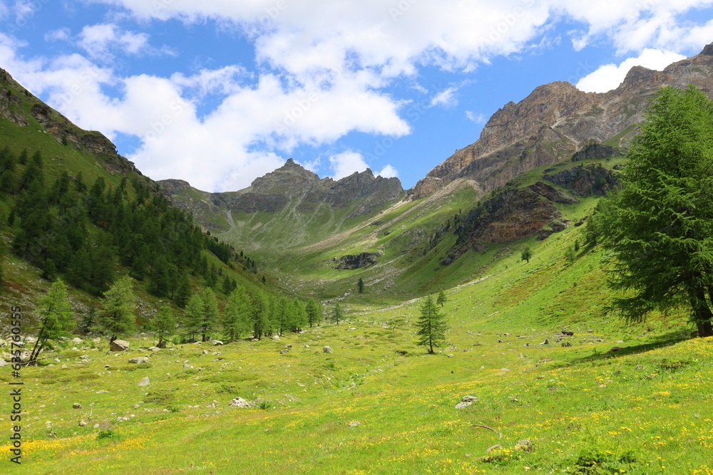 Mountain landscape on a hiking trail leading from Aosta valley to Luseney lake, in Saint Barthelemy valley, Italy