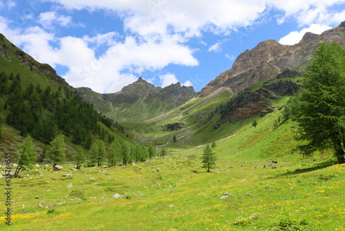 Mountain landscape on a hiking trail leading from Aosta valley to Luseney lake, in Saint Barthelemy valley, Italy