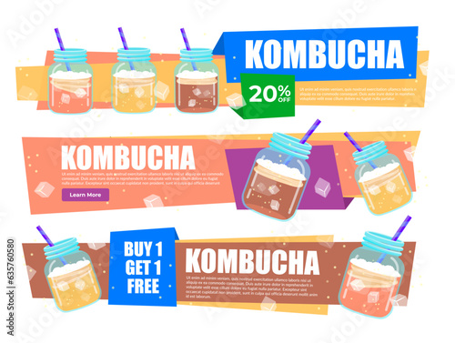 Kombucha sale discount landing page internet promo banner set isometric vector illustration