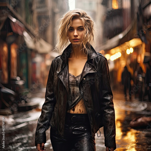 Beautiful young with leather jacket in a rainy environment © Stefan