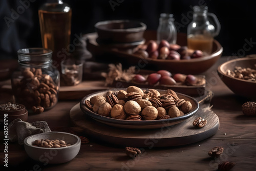 roasted nuts, arranged on a rustic wodden platter