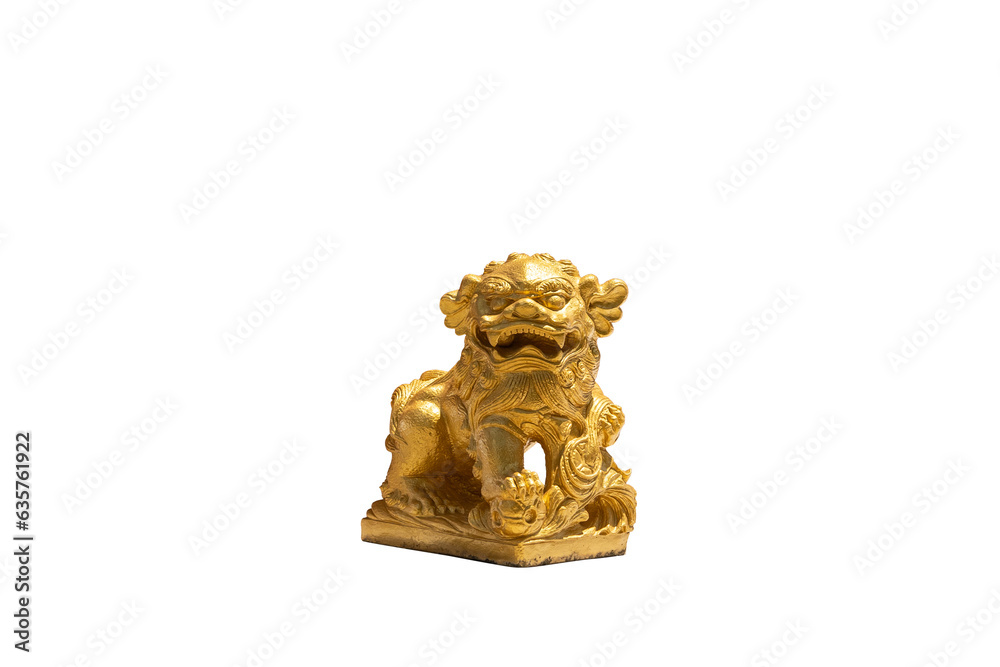 A Chinese figurine, a traditional golden lion, stands on a white background. Capturing the essence of cultural heritage and symbolism in a modern setting.