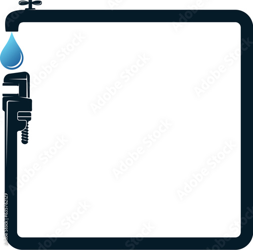 Water drop water pipe and wrench symbol. Plumbing repair and service frame design