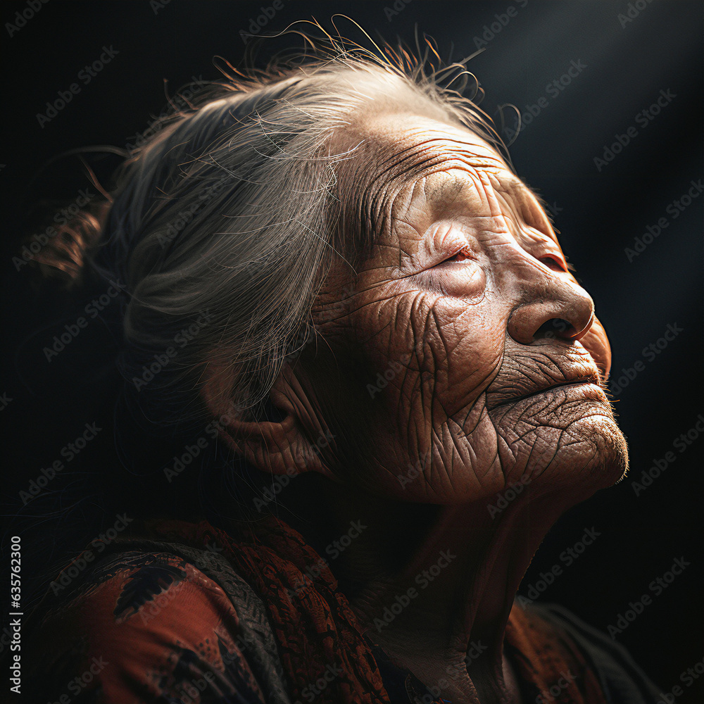 portrait of a senior person. The face of an old lady wrinkled by the sun with her eyes closed in a dark room