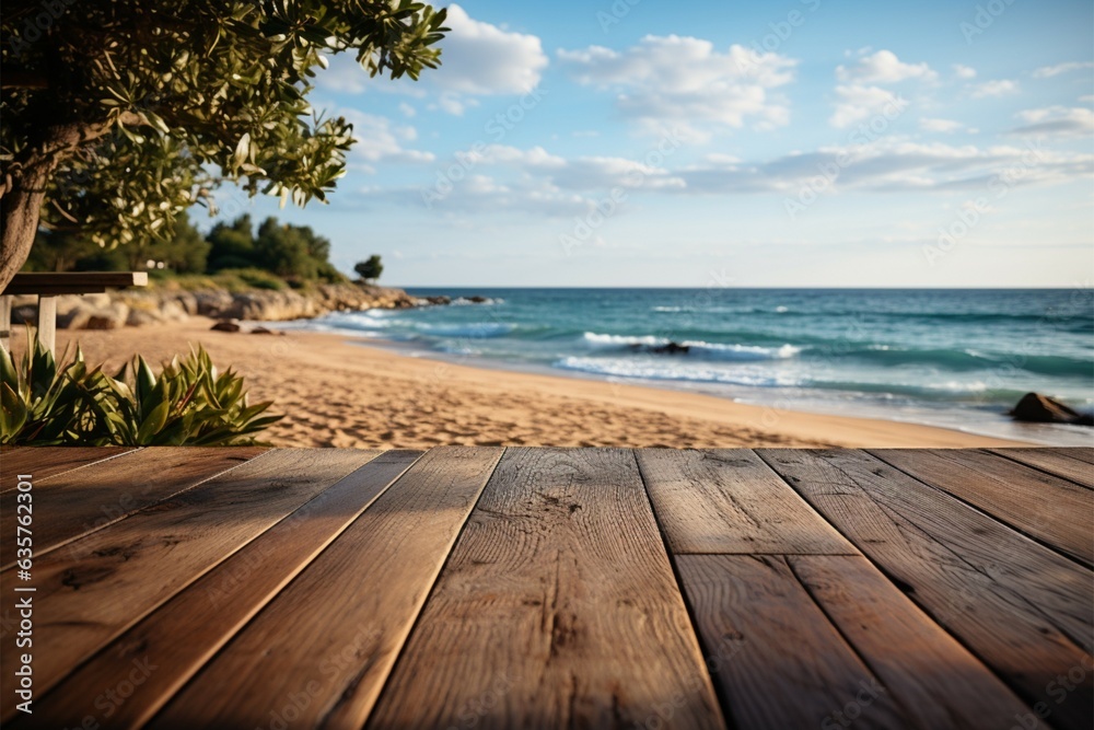 Coastal platform Wooden deck amid blurred beach scenery, ideal for product presentation Generative AI