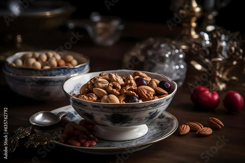 nuts, nestled in a bowl, add a festive touch to the table
