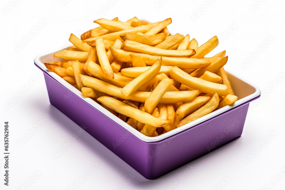 French fries in a special fast food purple box isolated on white background French fries in a special fast food purple box isolated on white background