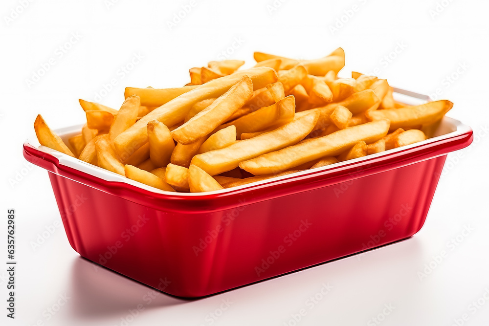 French fries in a special fast food red box isolated on white background French fries in a special fast food red box isolated on white background