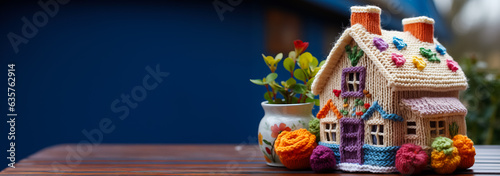 Cozy knitted house: a charming home in a scarf   winter background with a place for text