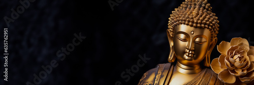 Detail to face of golden metal Tathagata Buddha statue   dark background with a place for text